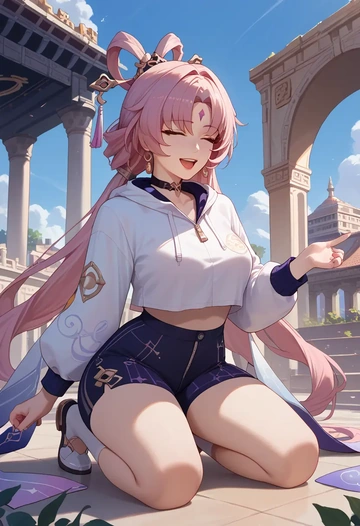 star rail,fu xuan,crop hoodie,shorts  - AI generated anime art